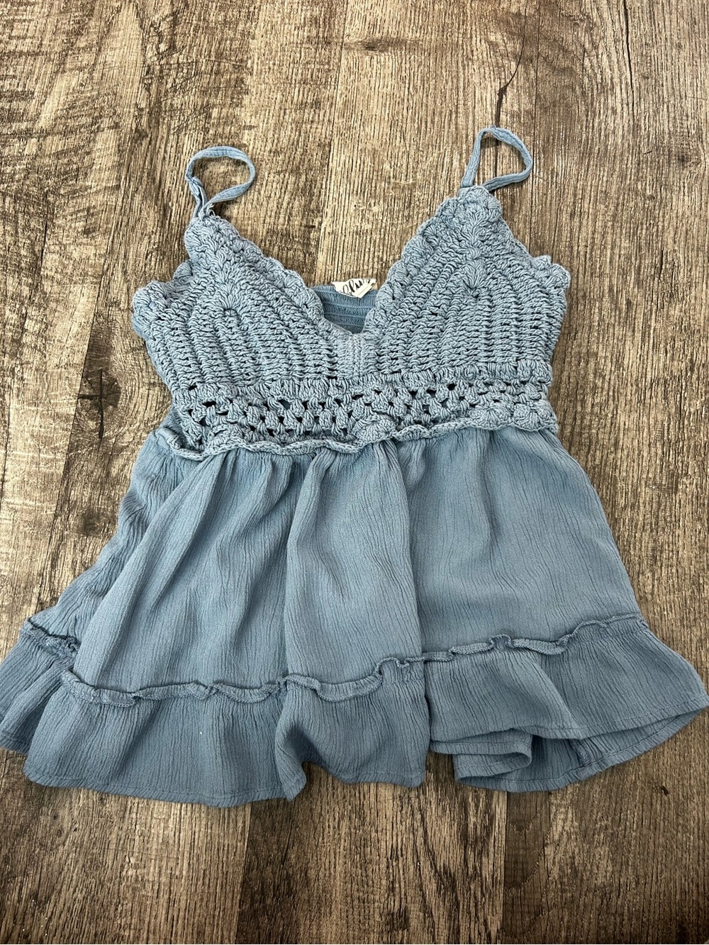 Women's Crochet Bodice Blue Tank Top with Ruffle Hem